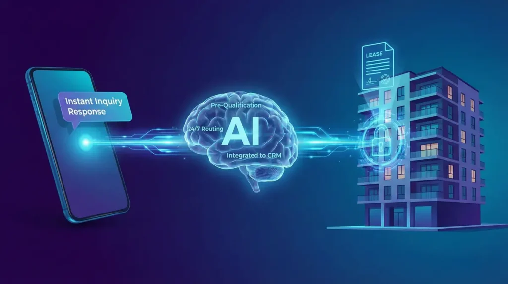 Payquad AI Leasing Assistant platform showing automated tenant inquiry response, pre-qualification features, and CRM integration for property management teams.